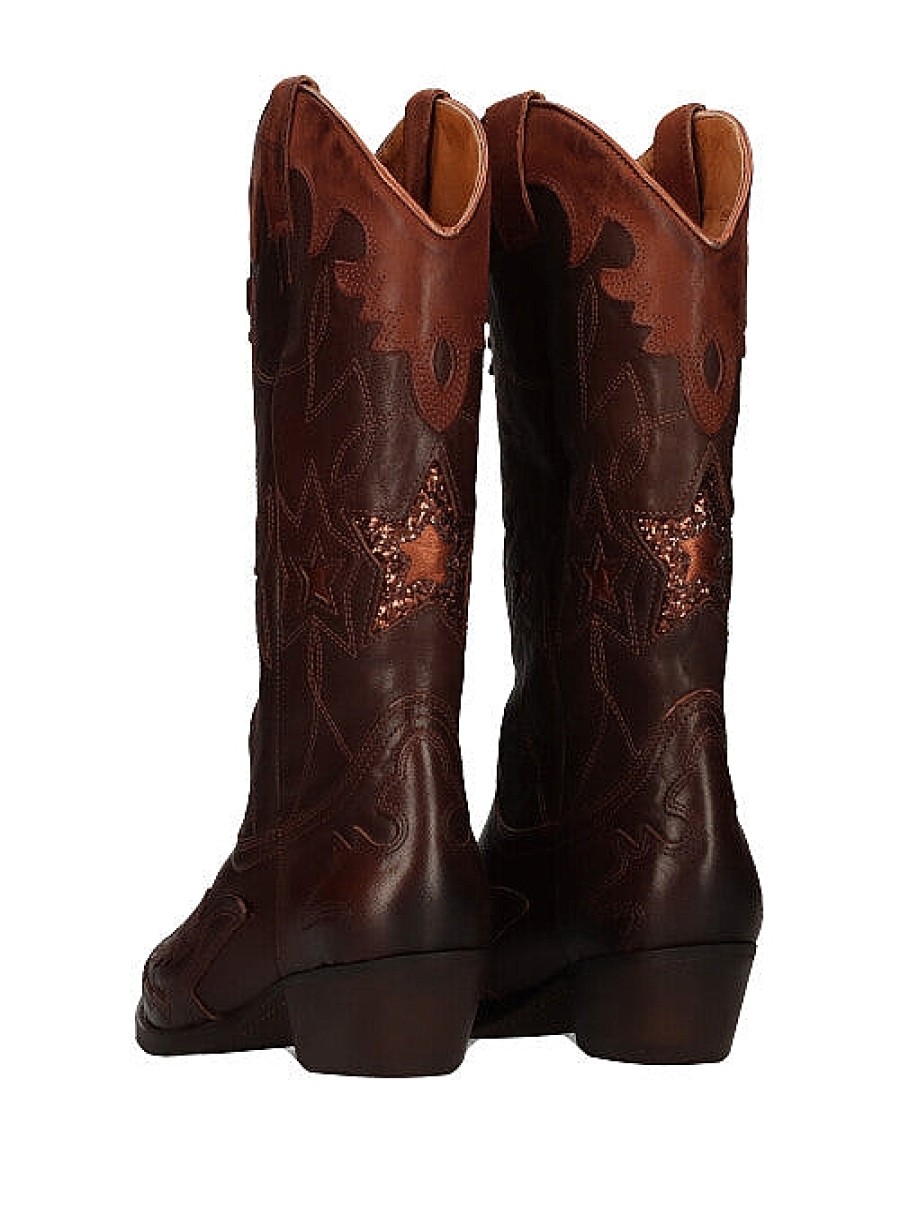 Calzado YACARE | Bota Cowboy Bordados Estrellas Piel Marron