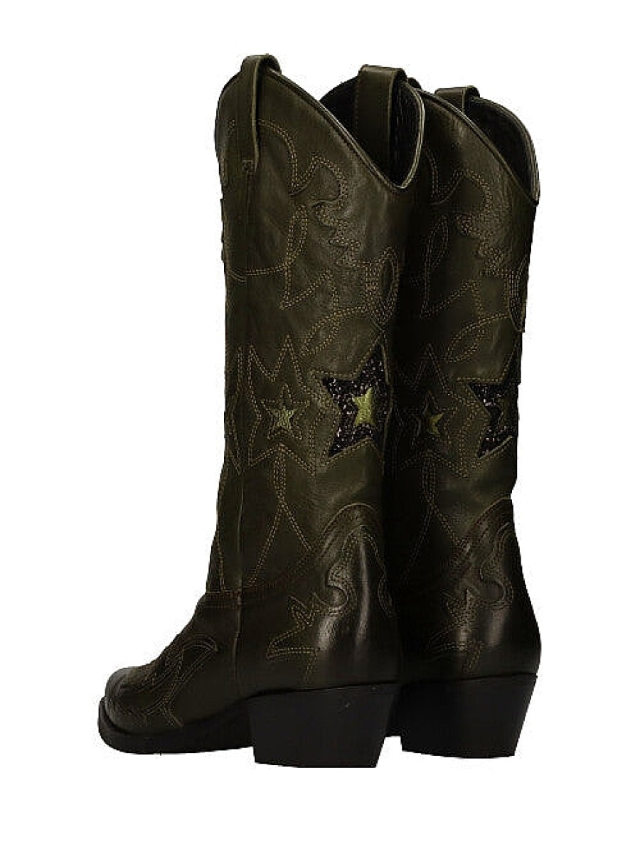 Calzado YACARE | Bota Cowboy Bordados Estrellas Piel Verde