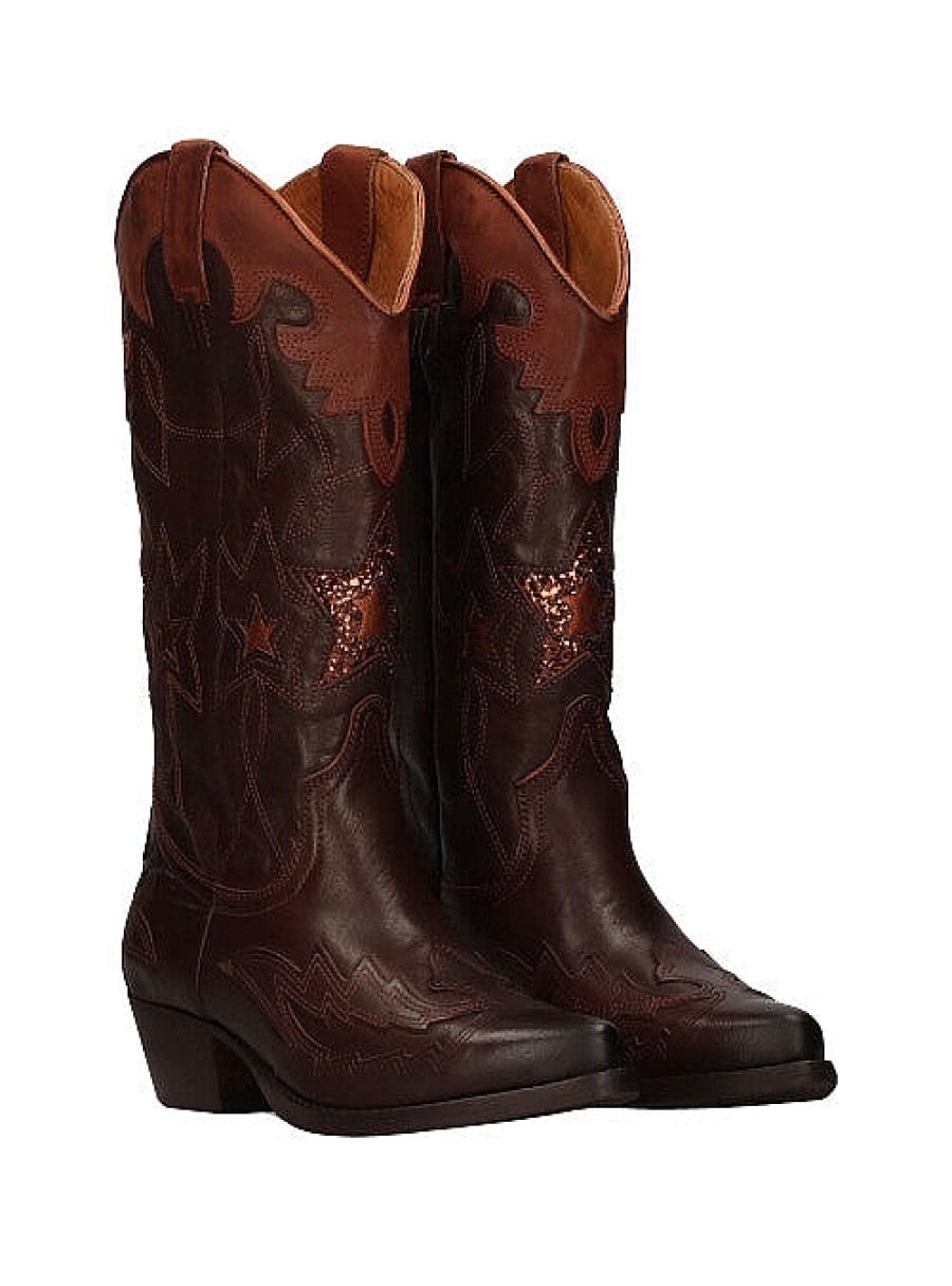 Calzado YACARE | Bota Cowboy Bordados Estrellas Piel Marron