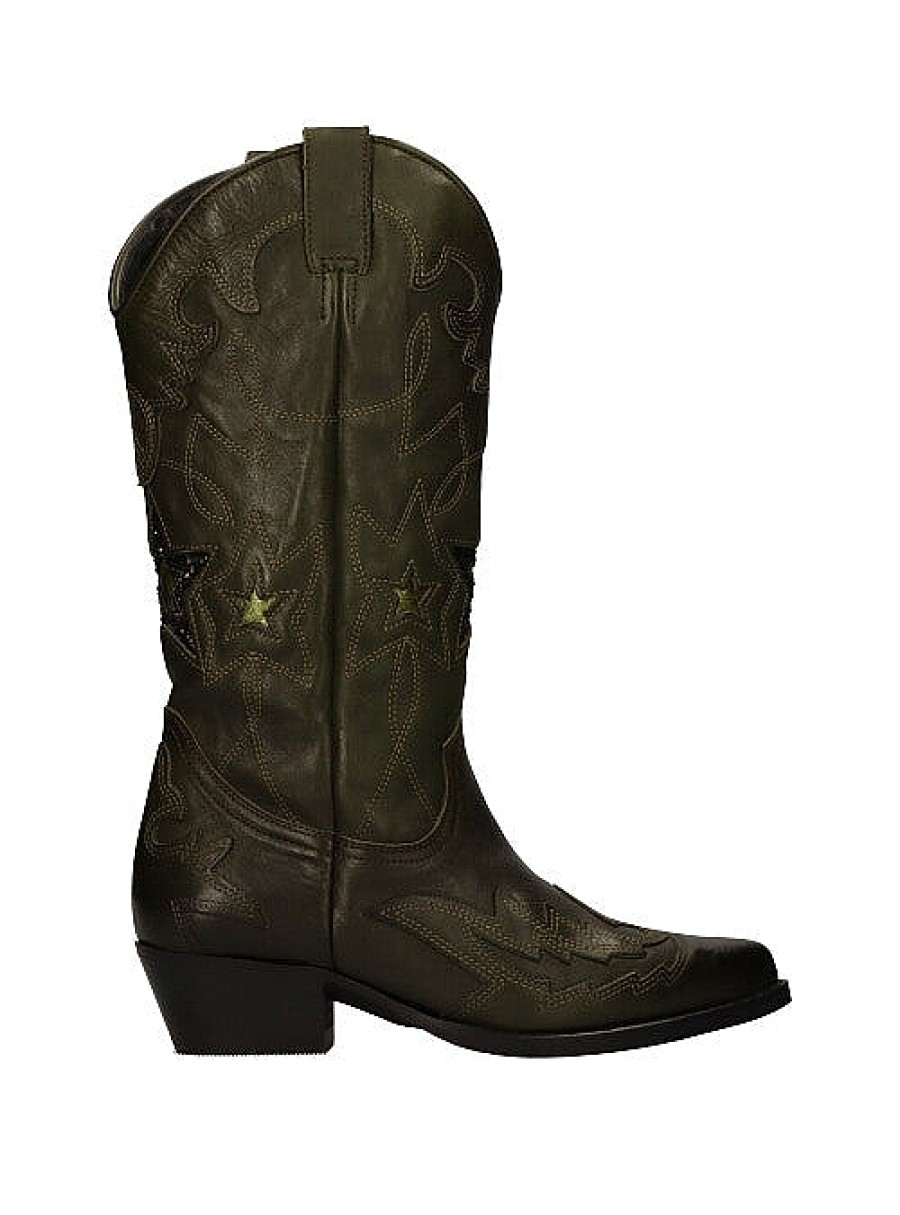 Calzado YACARE | Bota Cowboy Bordados Estrellas Piel Verde