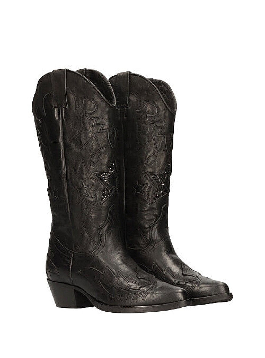 Calzado YACARE | Bota Cowboy Bordados Estrellas Piel Negro