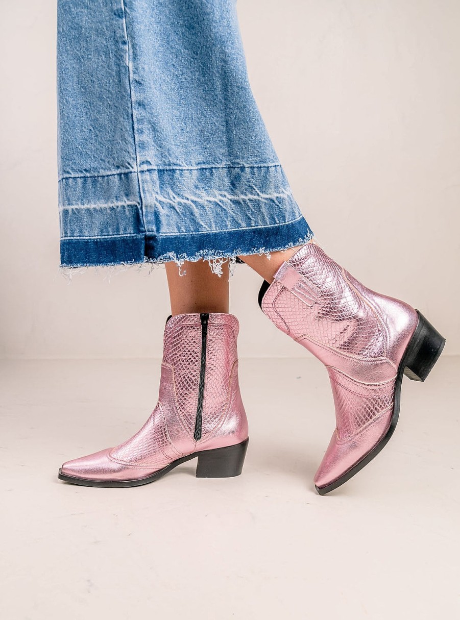 Calzado BRYAN | Botin Cowboy Metalizado Piel Rosa